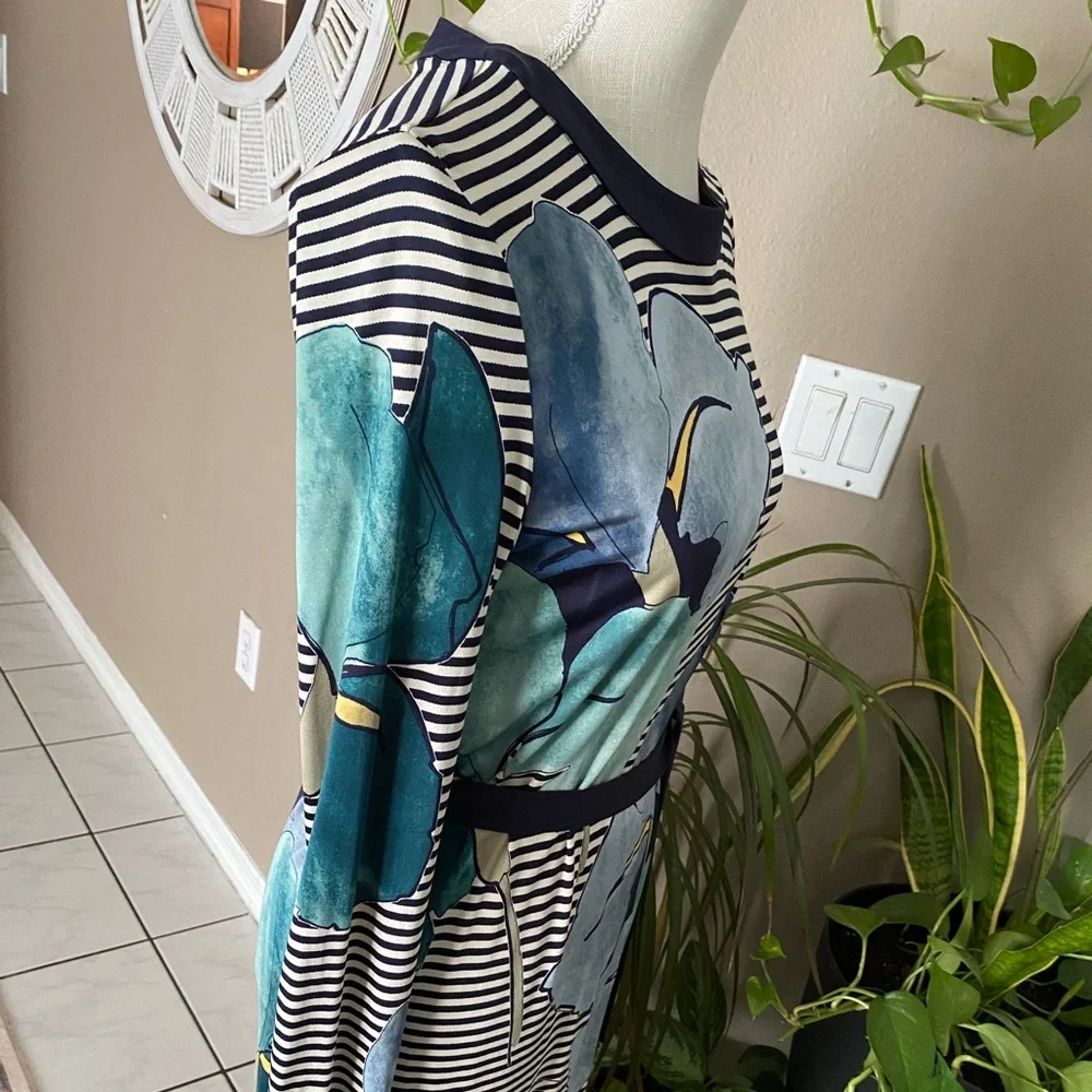 Tory Burch Silk LKNW Dress Long Sleeve Striped Floral Print Large Belted